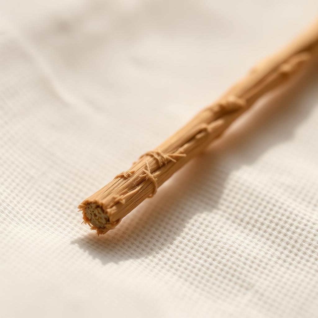 Close-up of a miswak twig with naturally frayed bristles