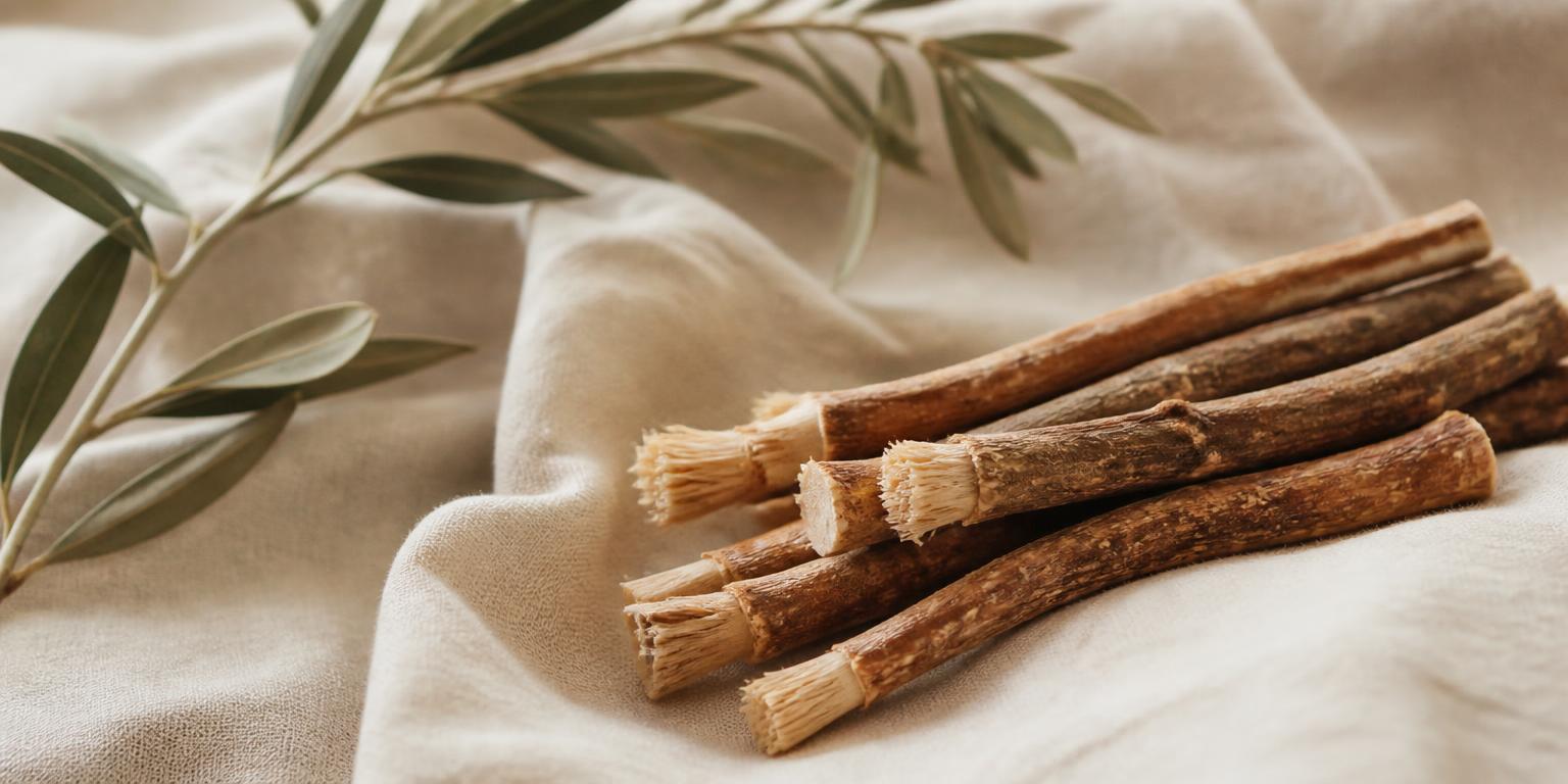 Natural miswak twigs on a warm cream linen background
