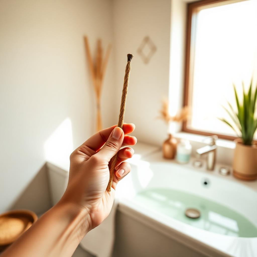 Hand holding a miswak twig in a bright, natural bathroom