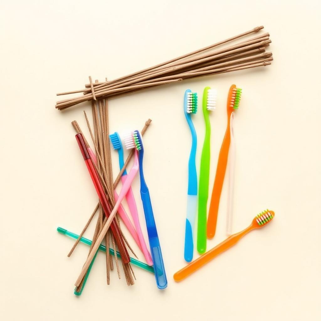 Miswak twigs laid beside discarded plastic toothbrushes